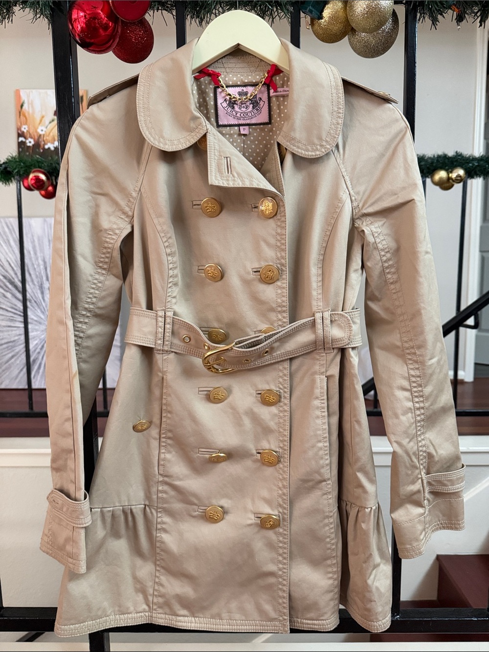 Juicy Couture Tan Polka Dot Lined Trench Coat